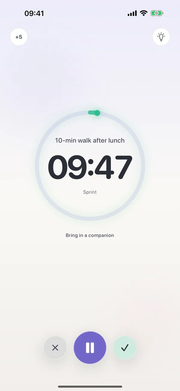 The session on iPhone in FocusDrop 1.6.1: 10-min walk after lunch, 9:47 left in a Sprint, with end, pause and finish controls.