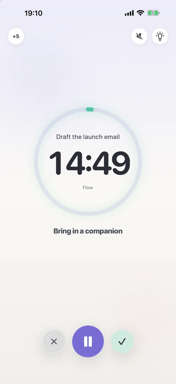 A Flow session running in FocusDrop: Draft the launch email, 14:49 left, with Bring in a companion below.