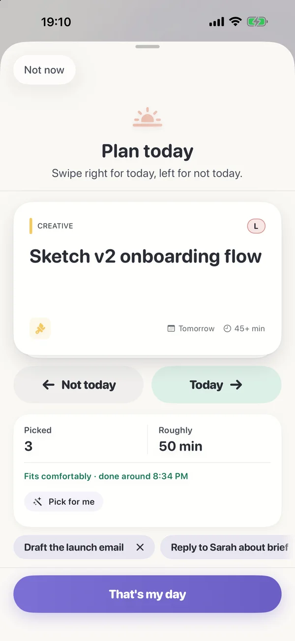 FocusDrop's Plan today sheet on iPhone: a task card with Not today and Today, and a count of what you've picked.