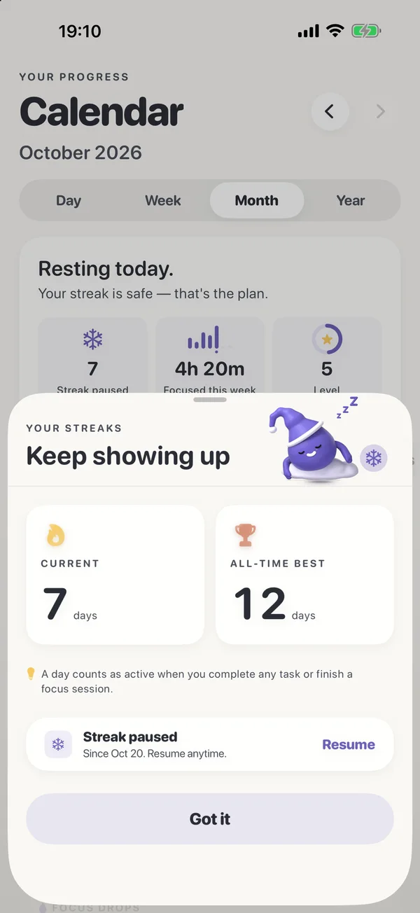 Your streaks in FocusDrop with the streak paused: Drop asleep in a nightcap, current streak 7 days, best 12, and a Resume button.