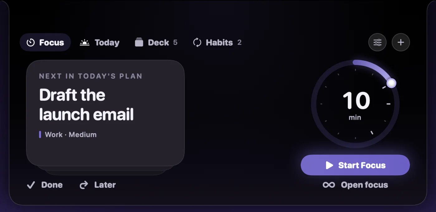 The FocusDrop island, ready: next in today's plan, Draft the launch email, with a ten-minute dial, Start Focus and Open focus.